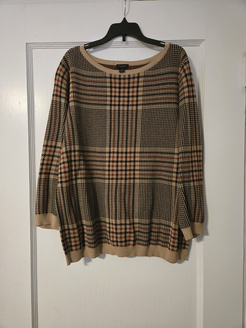 Ann Taylor Beige Plaid Crewneck Sweater with Black & Rust Accents
